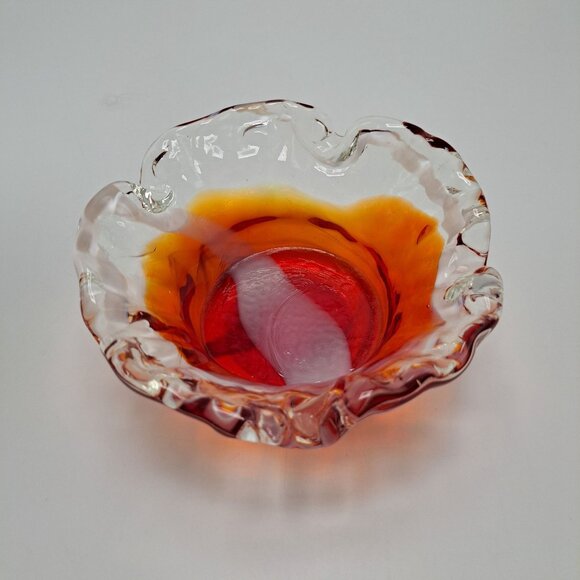 Art Glass Crimped Ruffled Edge Red Orange Clear Bowl Ashtray - Picture 4 of 6